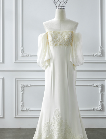 Romantisches Brautkleid Brautkleid A-Linie Square Neck Satin Brautkleid Elfenbein Brautkleider Bescheidene Brautkleider DH2038