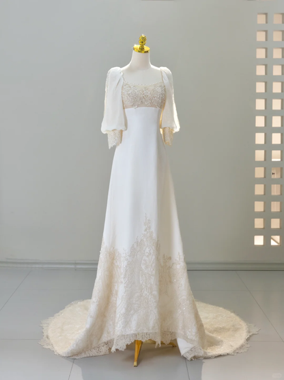 Romantisches Brautkleid Brautkleid A-Linie Square Neck Satin Brautkleid Elfenbein Brautkleider Bescheidene Brautkleider DH2038