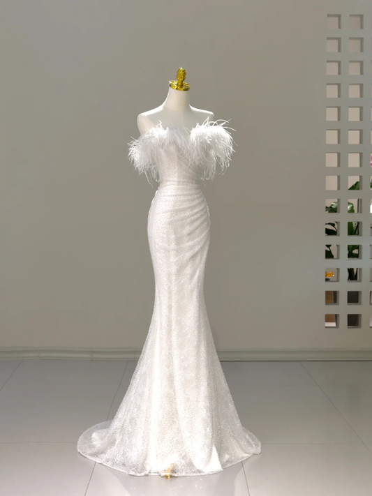 Prinzessin Brautkleid Meerjungfrau aus der Schulter weiße Pailletten Federn Brautkleid Brautkleider bescheidene Brautkleider DH2039