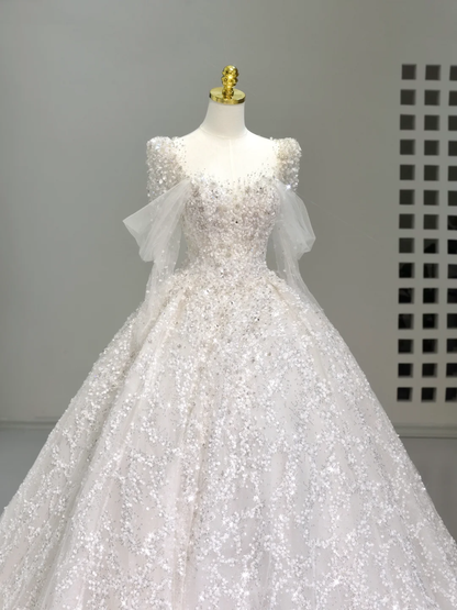 Romantisches Brautkleid Brautkleid Ballkleid Square Neck Satin Brautkleid Weiße Brautkleider Bescheidene Brautkleider DH2041