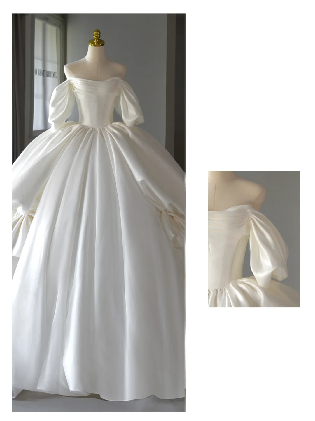 Robe de mariée éthérée, robe de bal, épaules dénudées, satin blanc, manches courtes, robes de mariée longues