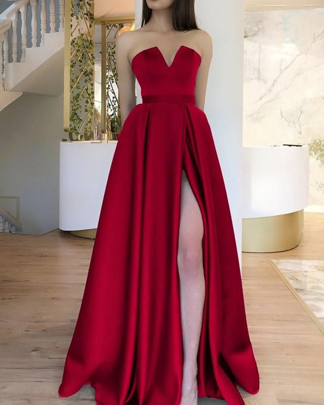 Einfache A-Linie trägerloses ärmelloses rotes Schlitz-langes Abendkleid Partykleider Abendkleider Abendkleid DH205