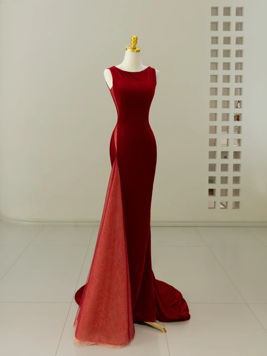 Sexy Meerjungfrau U-Ausschnitt Samt Burgund Lange Ballkleider Partykleid 20. Geburtstag Outfits Abschlusskleider DH2056
