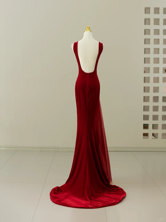 Sexy Meerjungfrau U-Ausschnitt Samt Burgund Lange Ballkleider Partykleid 20. Geburtstag Outfits Abschlusskleider DH2056