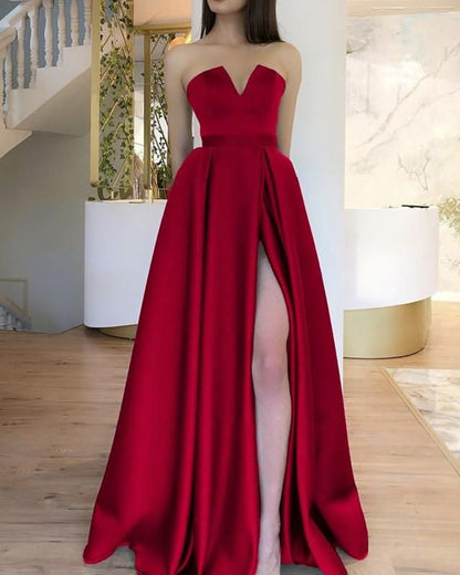 Einfache A-Linie trägerloses ärmelloses rotes Schlitz-langes Abendkleid Partykleider Abendkleider Abendkleid DH205