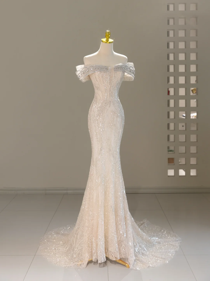 Unique Wedding Dress Mermaid Off The Shoulder Sequin Long Wedding Dresses Bridal Gowns DH2060