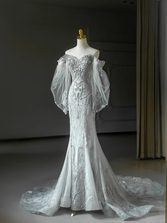 Prinzessin Brautkleid Meerjungfrau Schulterfrei Spitze Tüll Lange Ärmel Brautkleid Mit Langen Ärmeln Brautkleider Bescheidene Brautkleider DH2065