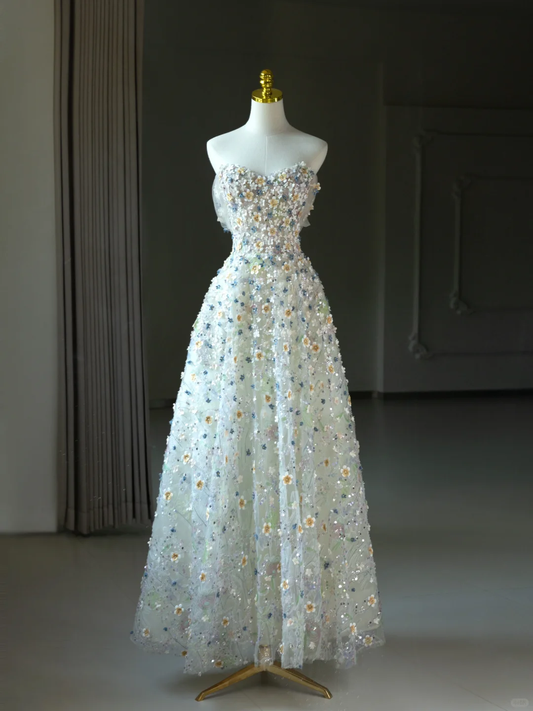 Märchenhafte A-Linie Herzausschnitt Floral Pailletten Lange Ballkleider Partykleid 20. Geburtstag Outfits Abschlusskleider DH2069