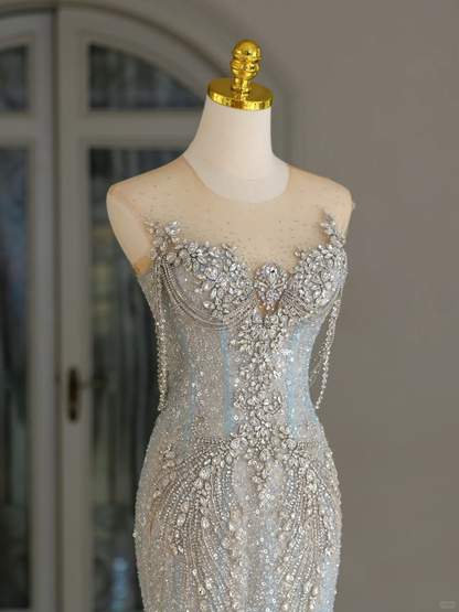 Sexy Meerjungfrau U-Ausschnitt Hellblau Pailletten Lange Ballkleider Partykleid 20. Geburtstag Outfits Abschlusskleider DH2078