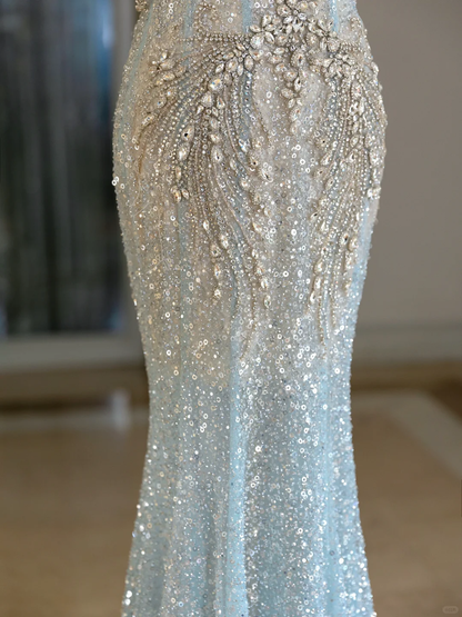 Sexy Meerjungfrau U-Ausschnitt Hellblau Pailletten Lange Ballkleider Partykleid 20. Geburtstag Outfits Abschlusskleider DH2078