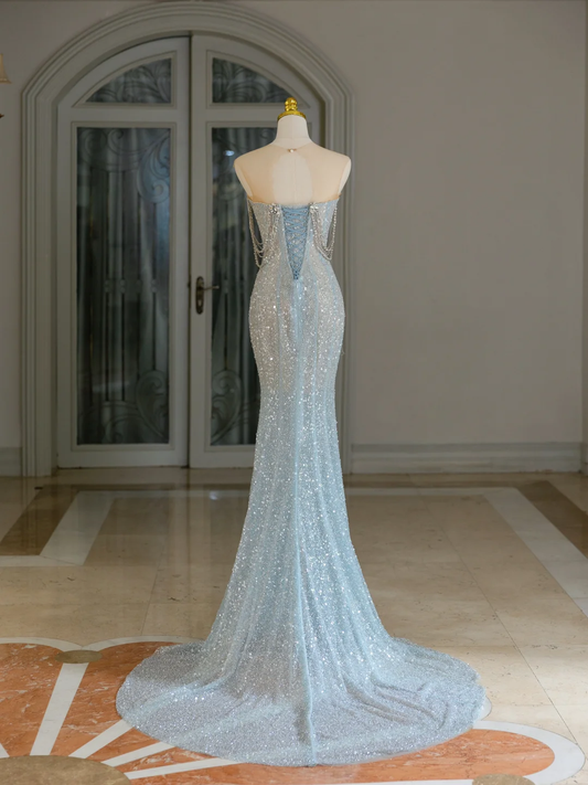 Sexy Meerjungfrau U-Ausschnitt Hellblau Pailletten Lange Ballkleider Partykleid 20. Geburtstag Outfits Abschlusskleider DH2078