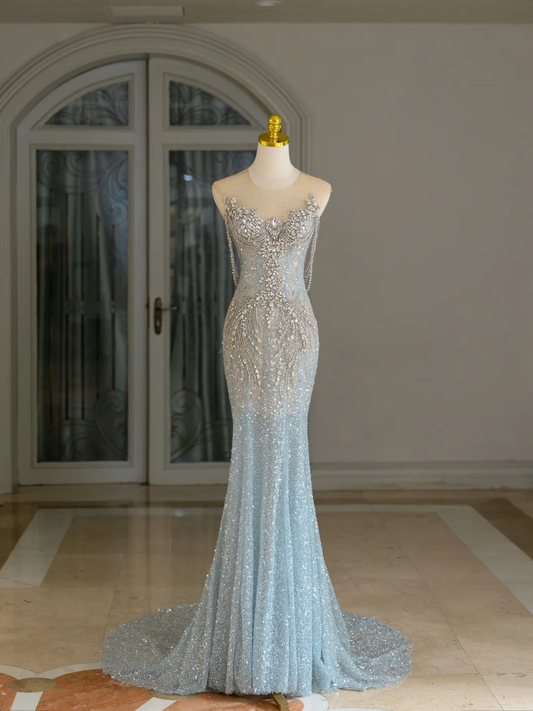 Sexy Meerjungfrau U-Ausschnitt Hellblau Pailletten Lange Ballkleider Partykleid 20. Geburtstag Outfits Abschlusskleider DH2078