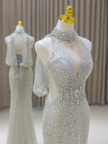 Sexy Meerjungfrau High Neck Silber Grau Pailletten Lange Ballkleider Partykleid 20. Geburtstag Outfits Abschlusskleider DH2079