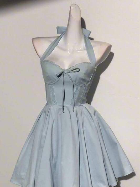 Simple A line Halter Blue Formal 8th Grade Homecoming Dresses Middle School Short Birthday Gowns Graduation Dress Hoco Outfits DH2095