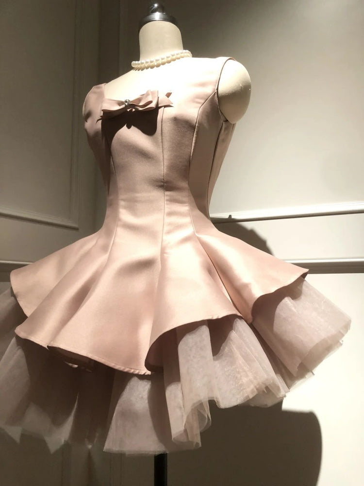 Unique A line Scoop Pink Satin Short Mini Formal 8th Grade Homecoming Dresses Middle School Short Cocktail Dress Hoco Outfits DH2096
