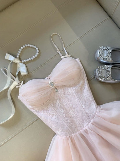 Modest A Line Spaghetti Straps Pink Tulle Formal 8th Grade Homecoming Dresses Middle School Short Birthday Gowns Graduation Dress Hoco Outfits DH2097
