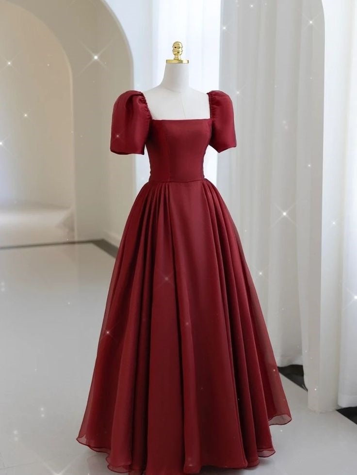 Glamouröse A-Linie mit quadratischem Ausschnitt und kurzen Ärmeln, weinrotem Chiffon, lange Abendkleider, besondere Abendkleider, Ballkleid DH211