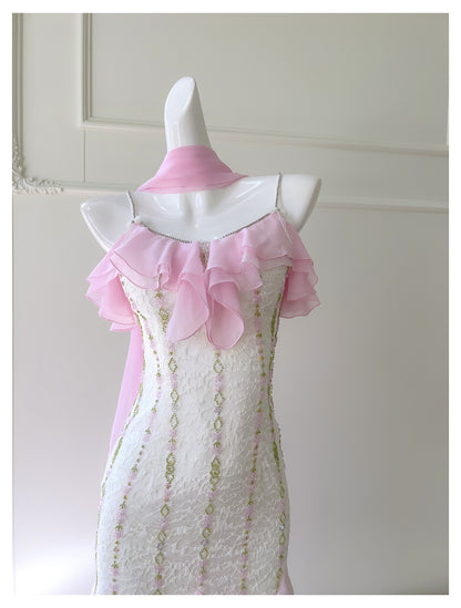 Sexy Meerjungfrau Spaghettiträger Rosa Chiffon Lange Ballkleider Partykleid 20. Geburtstag Outfits Abschlusskleider DH2116