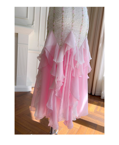 Sexy Meerjungfrau Spaghettiträger Rosa Chiffon Lange Ballkleider Partykleid 20. Geburtstag Outfits Abschlusskleider DH2116