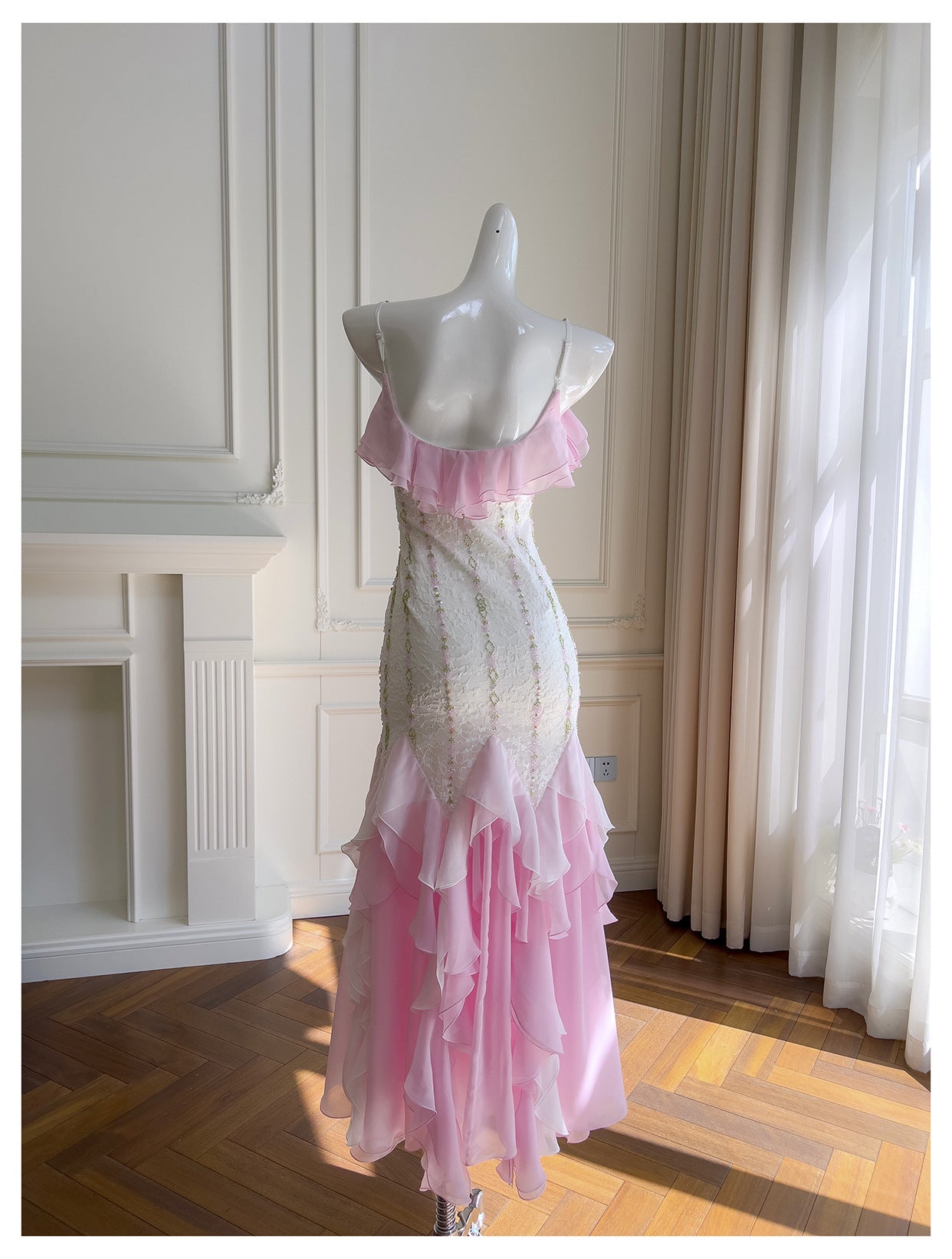 Sexy Meerjungfrau Spaghettiträger Rosa Chiffon Lange Ballkleider Partykleid 20. Geburtstag Outfits Abschlusskleider DH2116