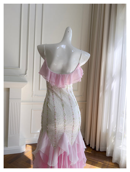 Sexy Meerjungfrau Spaghettiträger Rosa Chiffon Lange Ballkleider Partykleid 20. Geburtstag Outfits Abschlusskleider DH2116