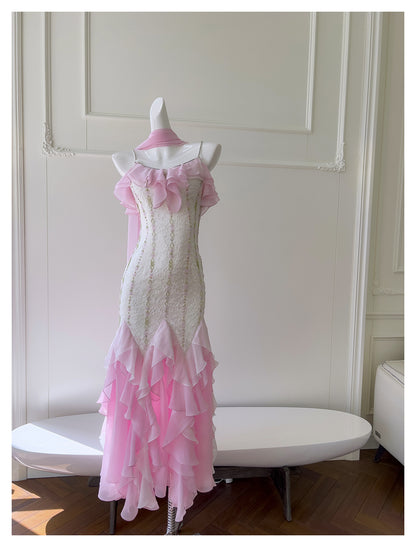 Sexy Meerjungfrau Spaghettiträger Rosa Chiffon Lange Ballkleider Partykleid 20. Geburtstag Outfits Abschlusskleider DH2116