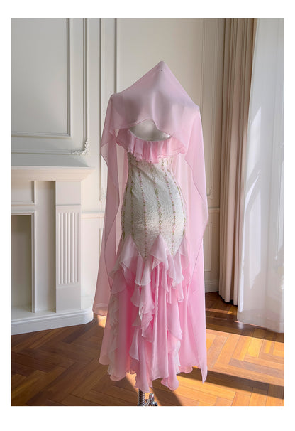 Sexy Meerjungfrau Spaghettiträger Rosa Chiffon Lange Ballkleider Partykleid 20. Geburtstag Outfits Abschlusskleider DH2116