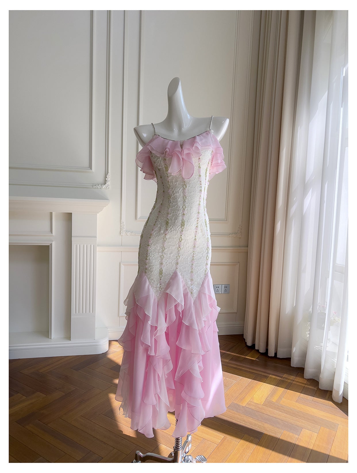 Sexy Meerjungfrau Spaghettiträger Rosa Chiffon Lange Ballkleider Partykleid 20. Geburtstag Outfits Abschlusskleider DH2116