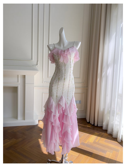 Sexy Meerjungfrau Spaghettiträger Rosa Chiffon Lange Ballkleider Partykleid 20. Geburtstag Outfits Abschlusskleider DH2116