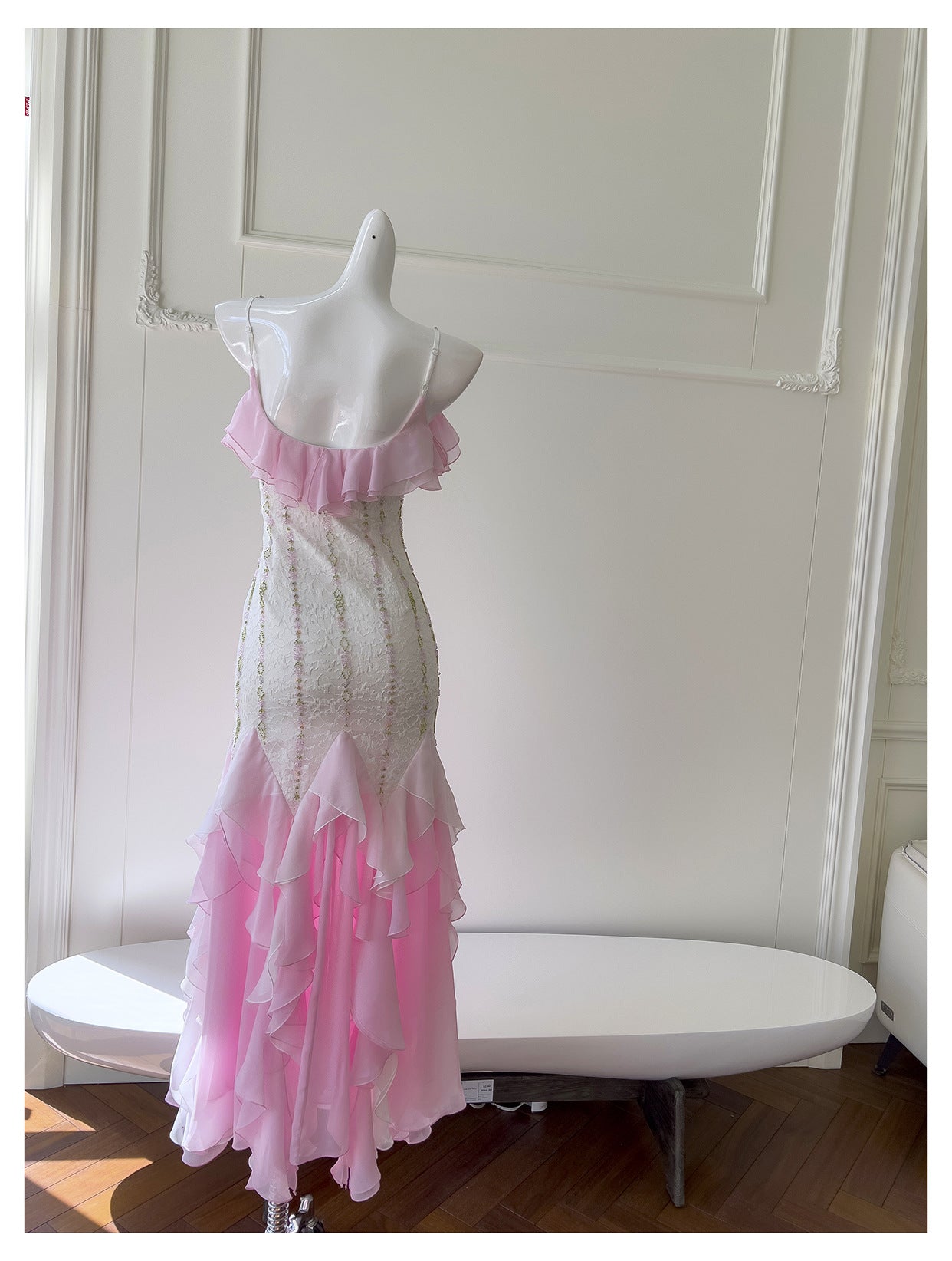 Sexy Meerjungfrau Spaghettiträger Rosa Chiffon Lange Ballkleider Partykleid 20. Geburtstag Outfits Abschlusskleider DH2116