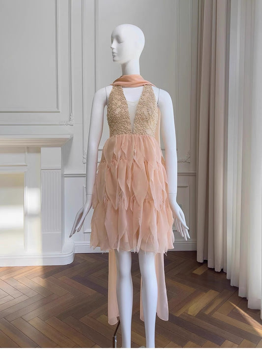 Modest A Line Halter V Neck Blush Pink Chiffon Formal 8th Grade Homecoming Dresses Middle School Short Birthday Gowns Graduation Dress Hoco Outfits DH2117