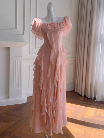 Sexy A-Linie aus der Schulter Blush Pink Chiffon Lange Ballkleider Partykleid 20. Geburtstag Outfits Abschlusskleider DH2119