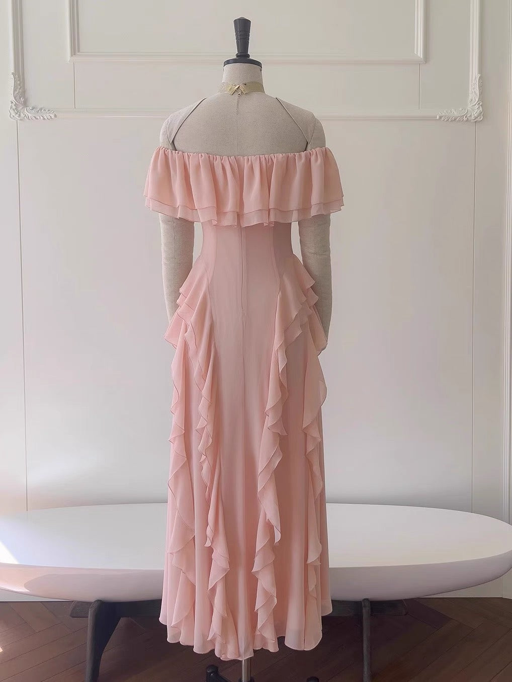 Sexy A-Linie aus der Schulter Blush Pink Chiffon Lange Ballkleider Partykleid 20. Geburtstag Outfits Abschlusskleider DH2119