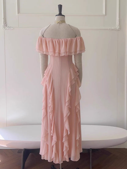 Sexy A-Linie aus der Schulter Blush Pink Chiffon Lange Ballkleider Partykleid 20. Geburtstag Outfits Abschlusskleider DH2119