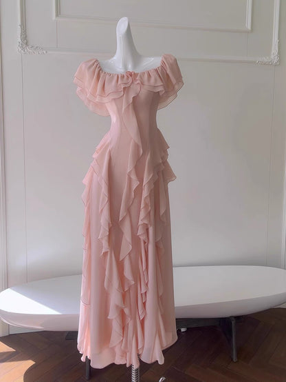 Sexy A-Linie aus der Schulter Blush Pink Chiffon Lange Ballkleider Partykleid 20. Geburtstag Outfits Abschlusskleider DH2119