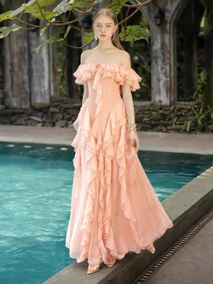 Sexy A-Linie aus der Schulter Blush Pink Chiffon Lange Ballkleider Partykleid 20. Geburtstag Outfits Abschlusskleider DH2119