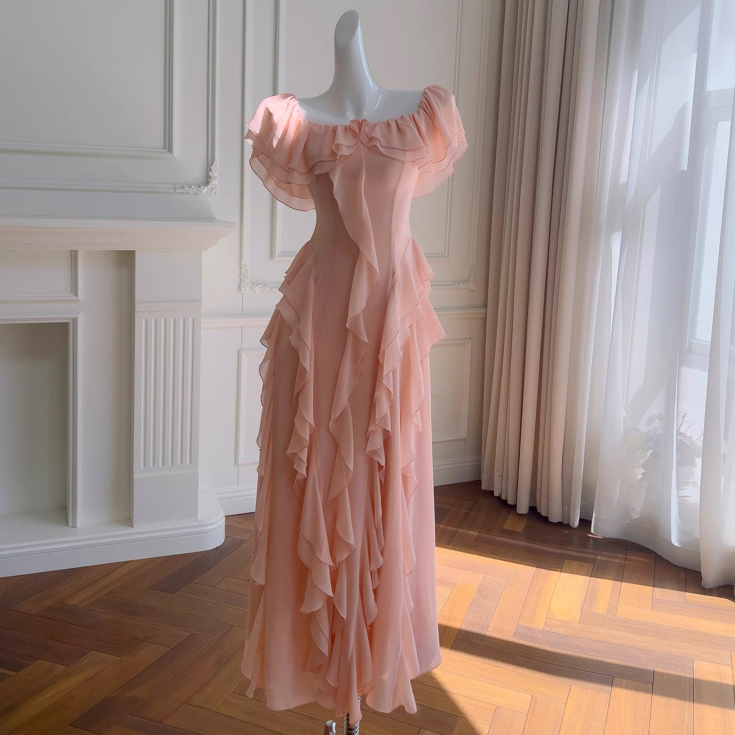 Sexy A-Linie aus der Schulter Blush Pink Chiffon Lange Ballkleider Partykleid 20. Geburtstag Outfits Abschlusskleider DH2119