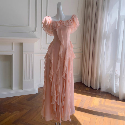 Sexy A-Linie aus der Schulter Blush Pink Chiffon Lange Ballkleider Partykleid 20. Geburtstag Outfits Abschlusskleider DH2119