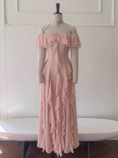 Sexy A-Linie aus der Schulter Blush Pink Chiffon Lange Ballkleider Partykleid 20. Geburtstag Outfits Abschlusskleider DH2119