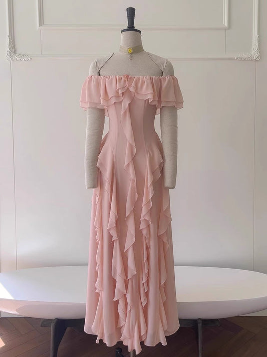 Sexy A-Linie aus der Schulter Blush Pink Chiffon Lange Ballkleider Partykleid 20. Geburtstag Outfits Abschlusskleider DH2119