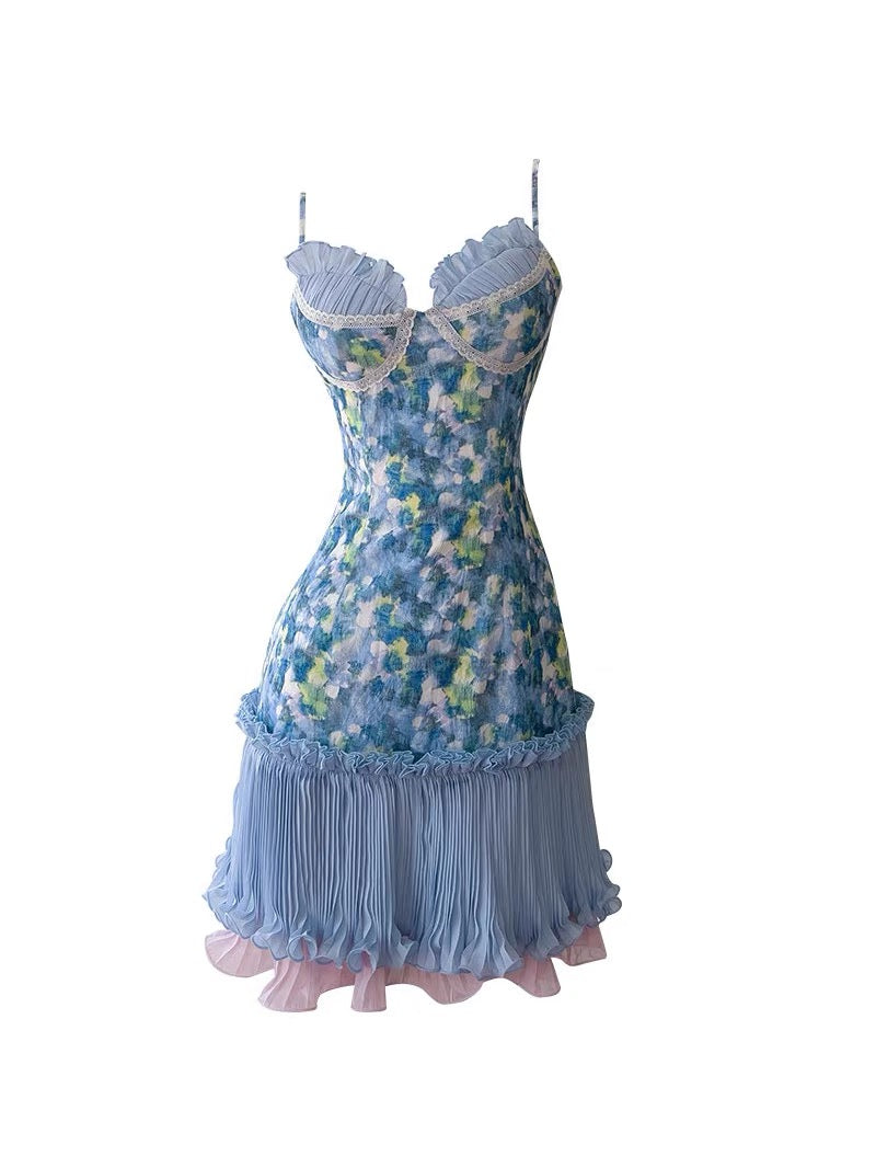 Modest A Line Spaghetti Straps Floral Blue Formal 8th Grade Homecoming Dresses Middle School Short Birthday Gowns Graduation Dress Hoco Outfits DH2122