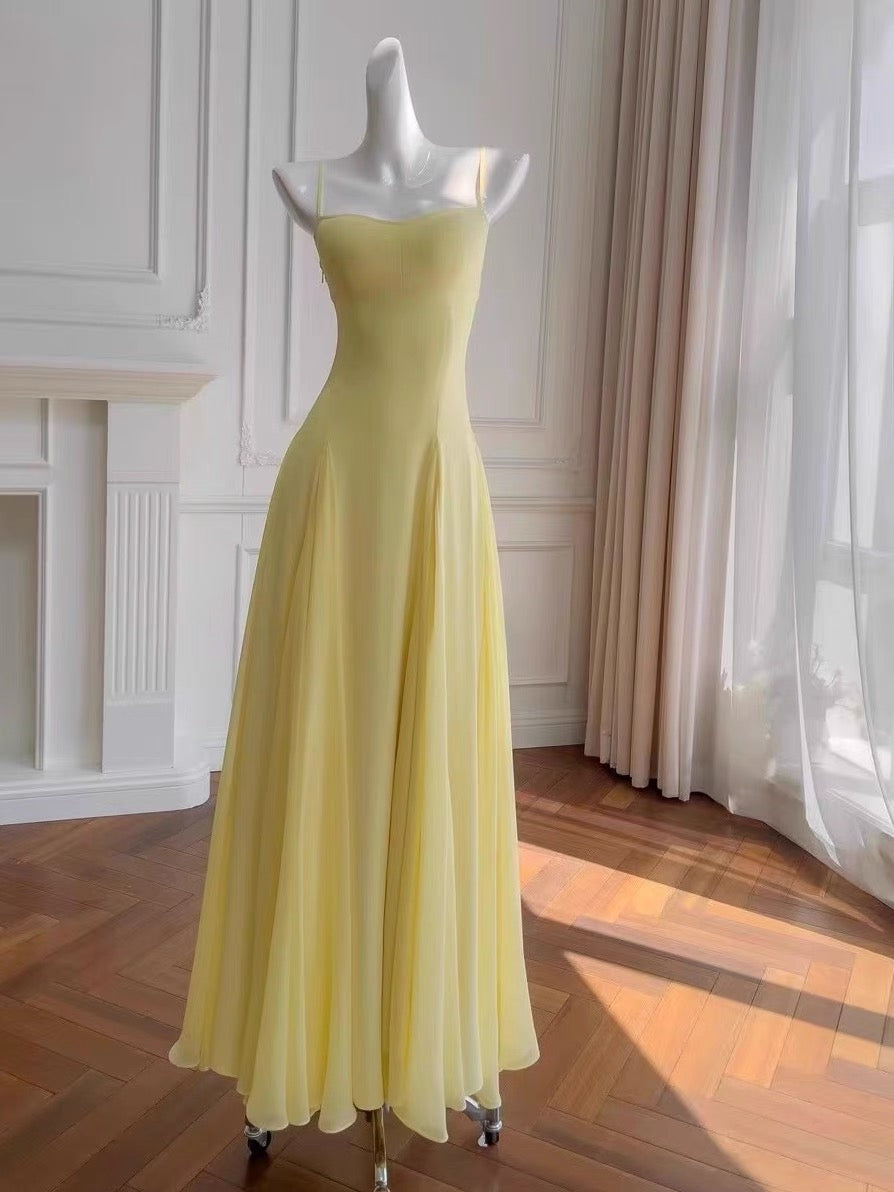 Einfache A-Linie Spaghettiträger Gelb Chiffon Lange Ballkleider Partykleid 20. Geburtstag Outfits Abschlusskleider DH2128
