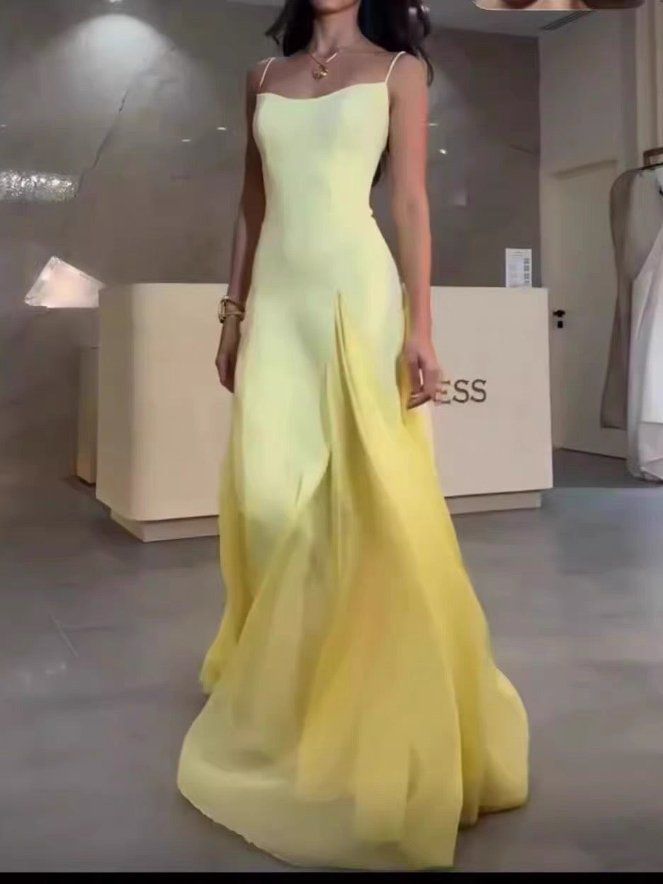 Einfache A-Linie Spaghettiträger Gelb Chiffon Lange Ballkleider Partykleid 20. Geburtstag Outfits Abschlusskleider DH2128