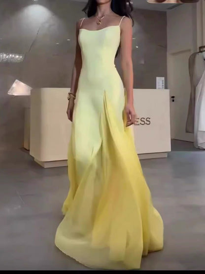 Einfache A-Linie Spaghettiträger Gelb Chiffon Lange Ballkleider Partykleid 20. Geburtstag Outfits Abschlusskleider DH2128