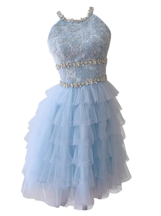 Modest A Line Jewel Neck Light Sky Blue Tulle Formal 8th Grade Homecoming Dress High School Short 18th Birthday Outfits Graduation Dress Hoco Dresses DH2199