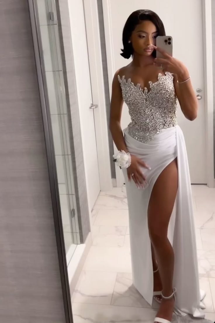 Sexy Meerjungfrau Schatz Silber Grau Pailletten Weiß Lange Ballkleider Partykleid 20. Geburtstag Outfits Abschlusskleider DH2136