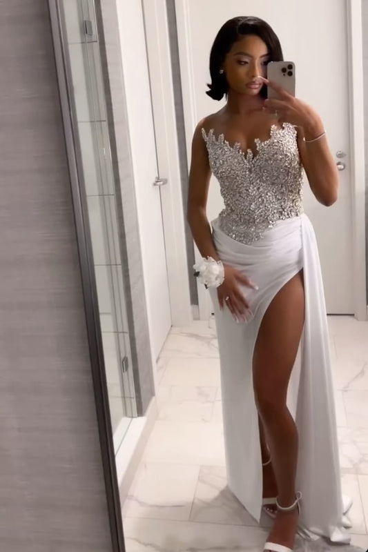 Sexy Meerjungfrau Schatz Silber Grau Pailletten Weiß Lange Ballkleider Partykleid 20. Geburtstag Outfits Abschlusskleider DH2136