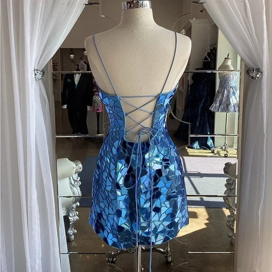 Aesthetic Sheath Spaghetti Straps Royal Blue Sequin Tight Mini Formal Homecoming Dress Short Cocktail Outfits Graduation Dress Hoco Dress DH2172