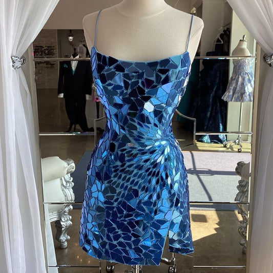 Aesthetic Sheath Spaghetti Straps Royal Blue Sequin Tight Mini Formal Homecoming Dress Short Cocktail Outfits Graduation Dress Hoco Dress DH2172