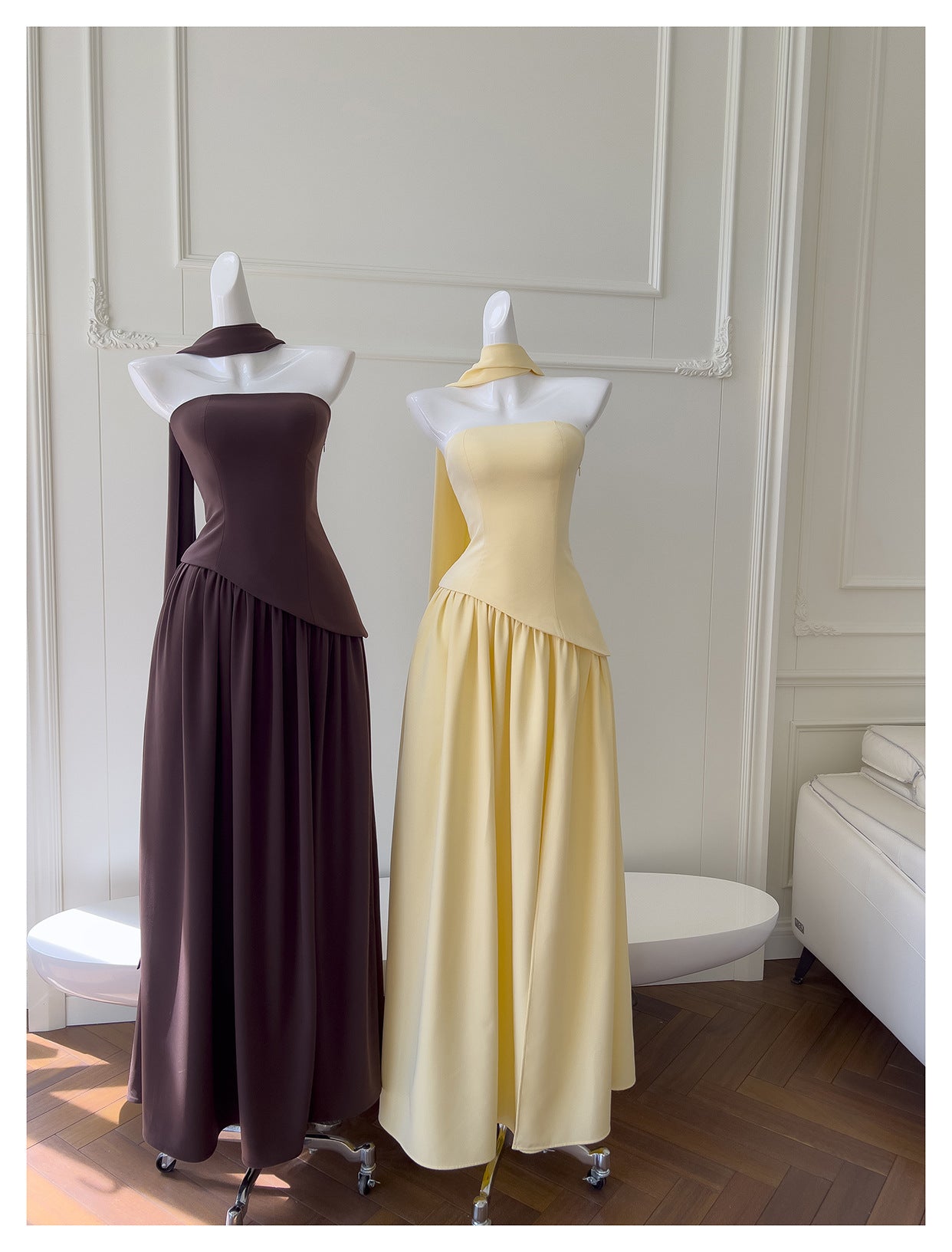 Einfaches A-Linien-trägerloses gelbes Chiffon-langes Ballkleid Partykleid 20. Geburtstags-Outfits Abschlusskleider DH217
